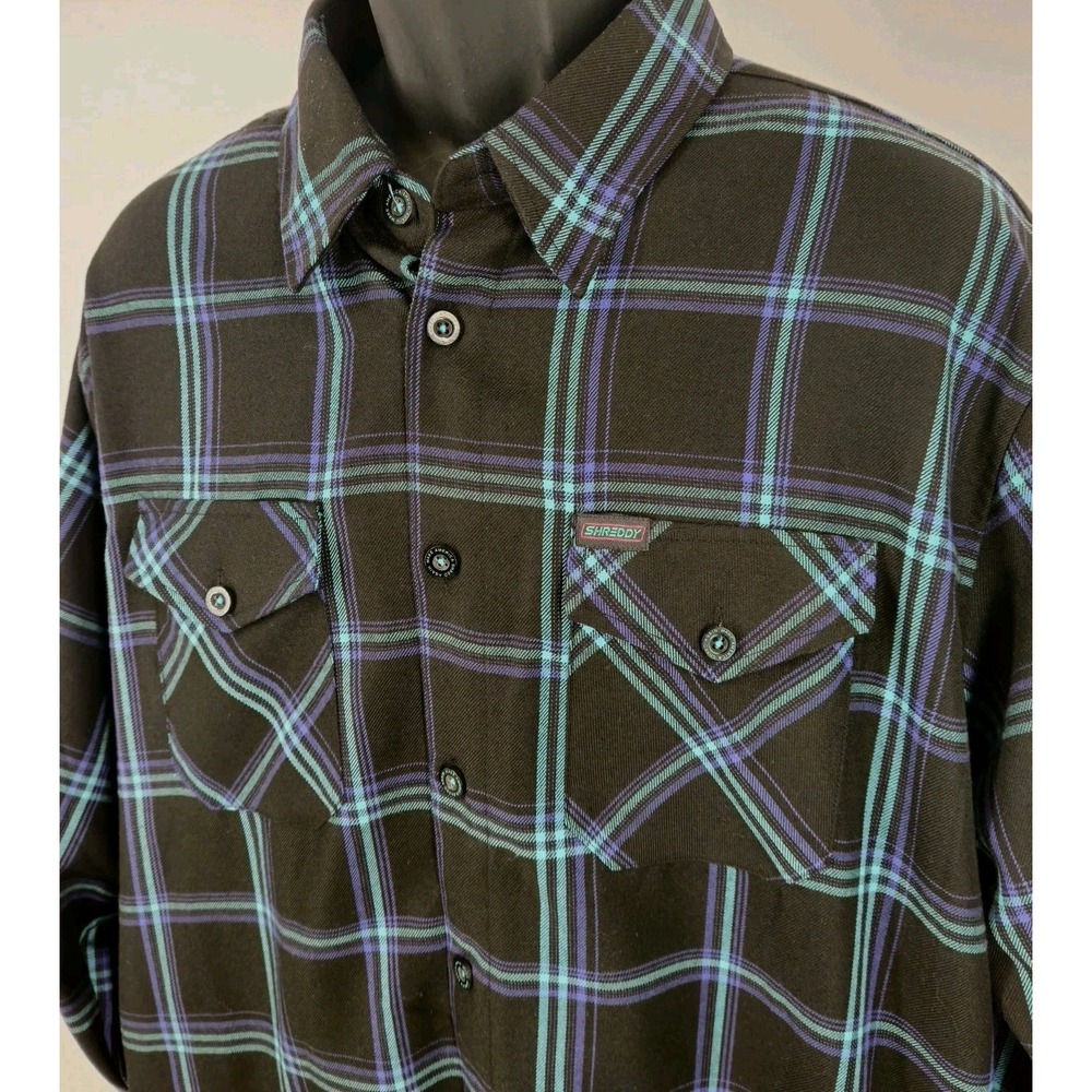 Dixxon Flannel Co Mens Size XL Shreddy Plaid Shirt Black Teal Purple Streetwear